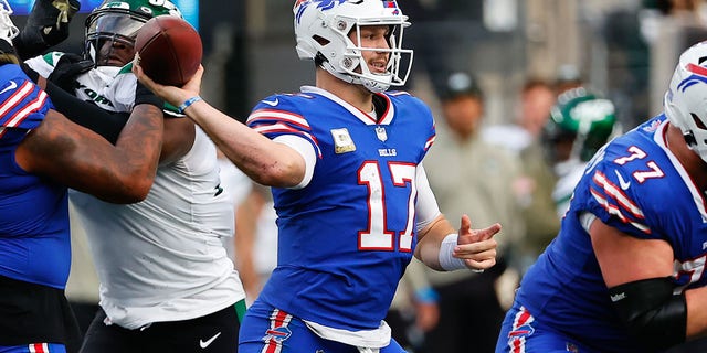 Buffalo Bills quarterback Josh Allen, #17, drops back to pass during the National Football League game between the New York Jets and Buffalo Bills on Nov. 6, 2022 at MetLife Stadium in East Rutherford, New Jersey.  